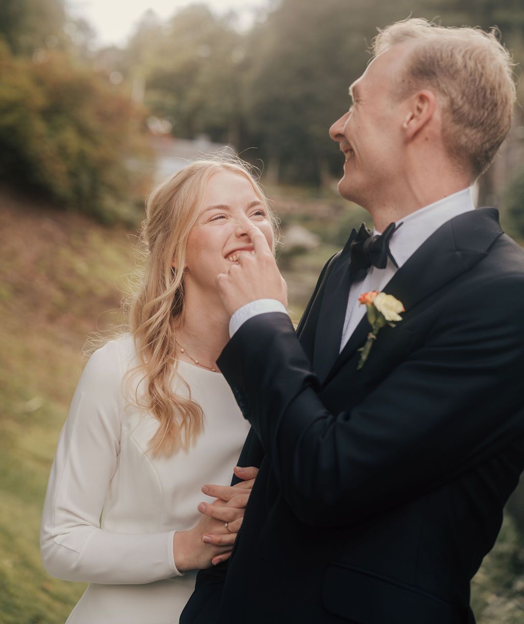 A romantic outdoor wedding moment captured in a series of intimate photos showing tender interactions between the couple.