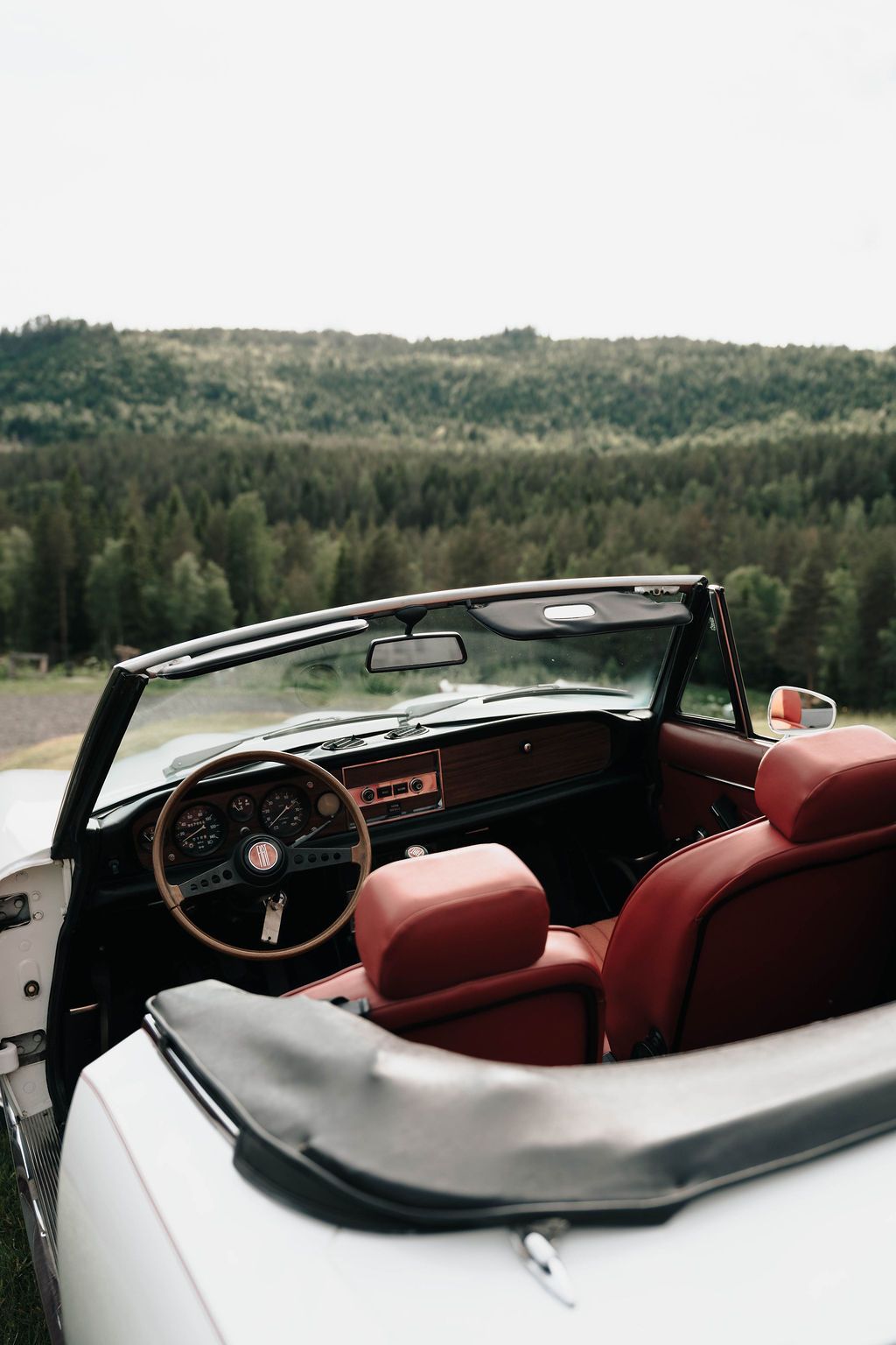 Interior view of a luxury convertible car with red leather seats and black dashboard against a scenic forest backdrop.