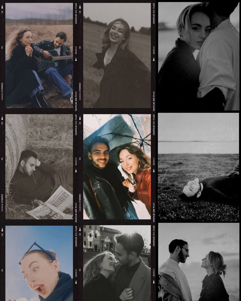 A collection of black and white and color photographs arranged in a grid showing intimate moments and candid interactions.