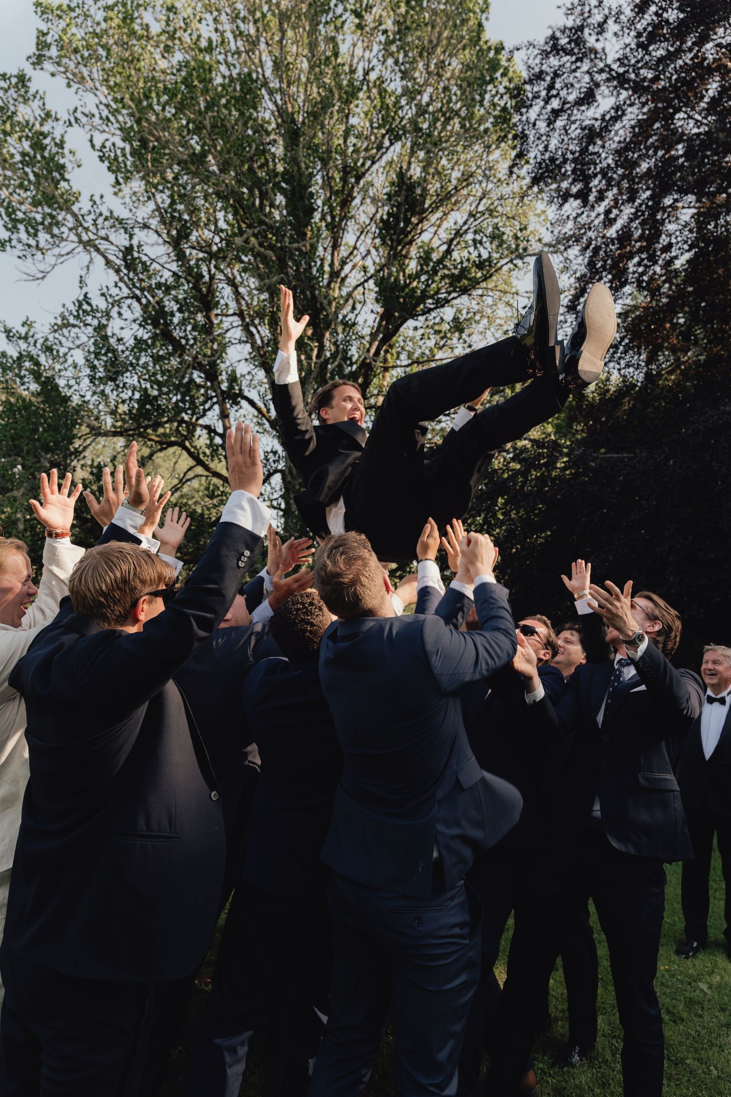 Groomsmen in dark suits cheer and toss the groom high into the air during an outdoor wedding celebration beneath large trees.
