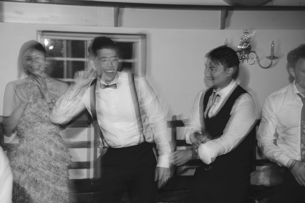 A sequence of vintage-style party photos showing people dancing and having fun at a social gathering.