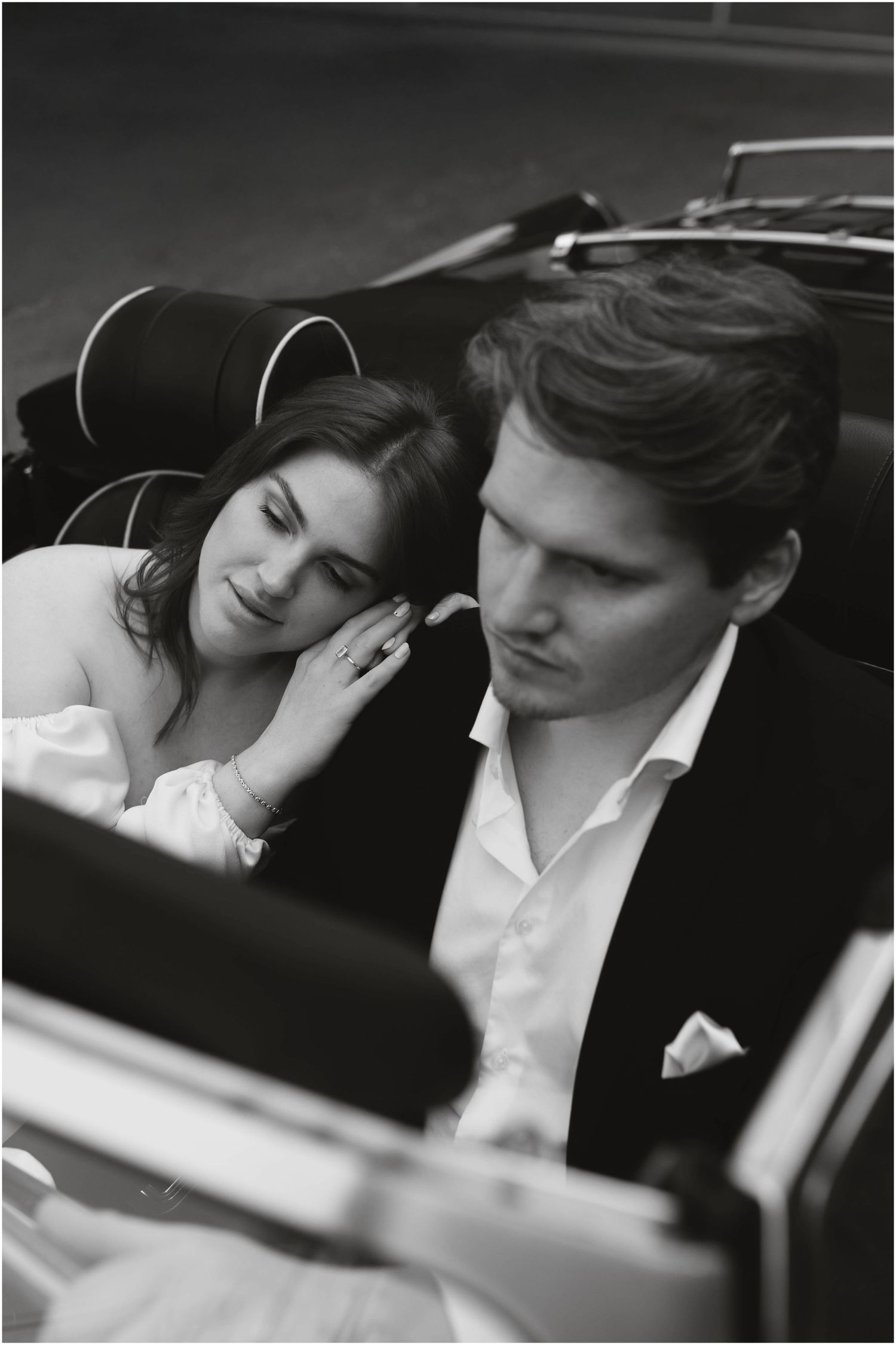 A romantic black and white photo series showing tender moments between a couple in formal attire.