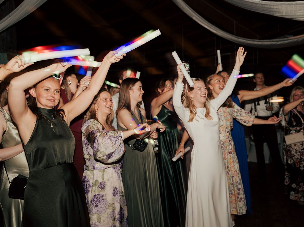 Concert crowd raises illuminated glow sticks in unison during a nighttime performance.