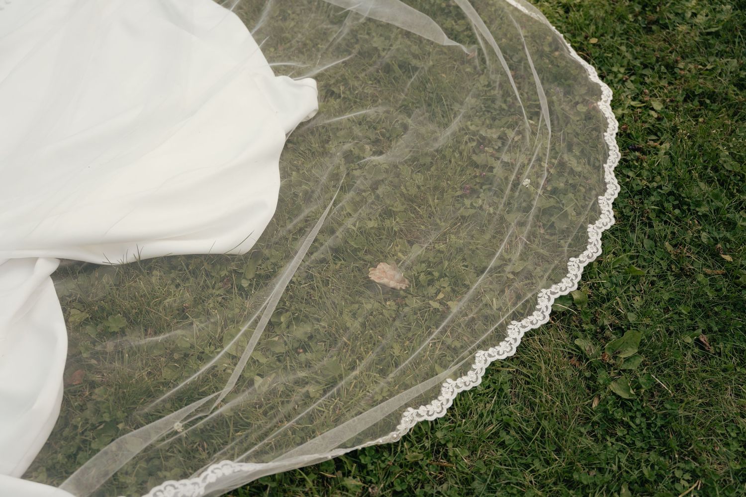 Delicate white wedding veil with lace trim spread over lush green grass outdoors.