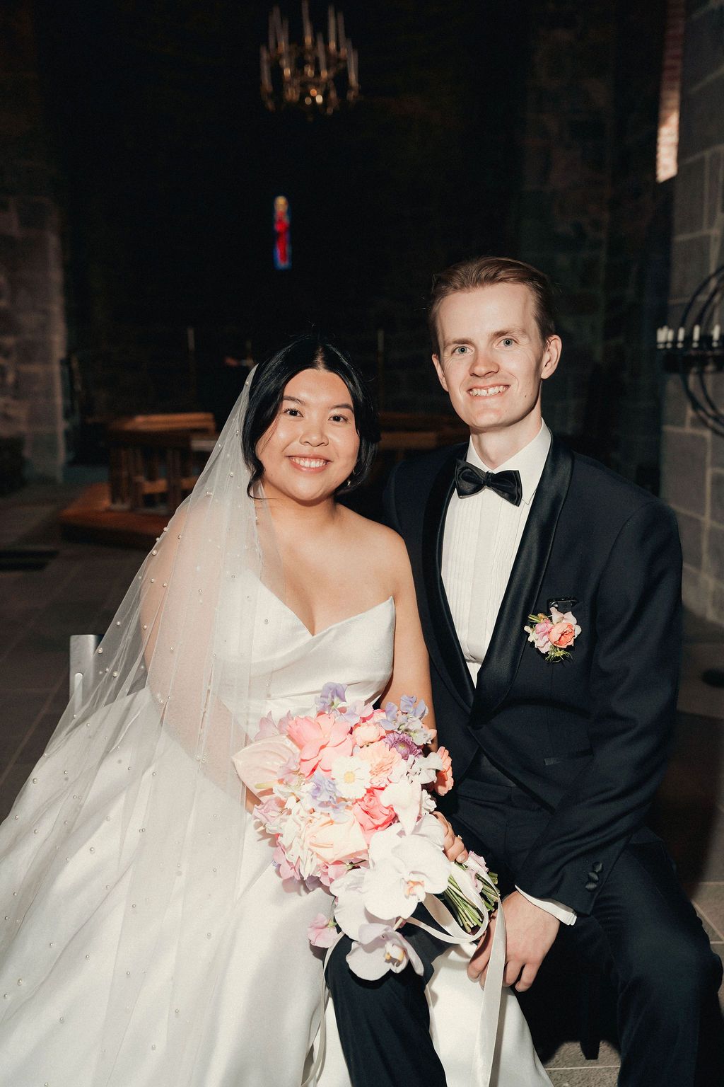 A series of romantic wedding photos showing a couple in formal attire with a beautiful pink and white floral bouquet.