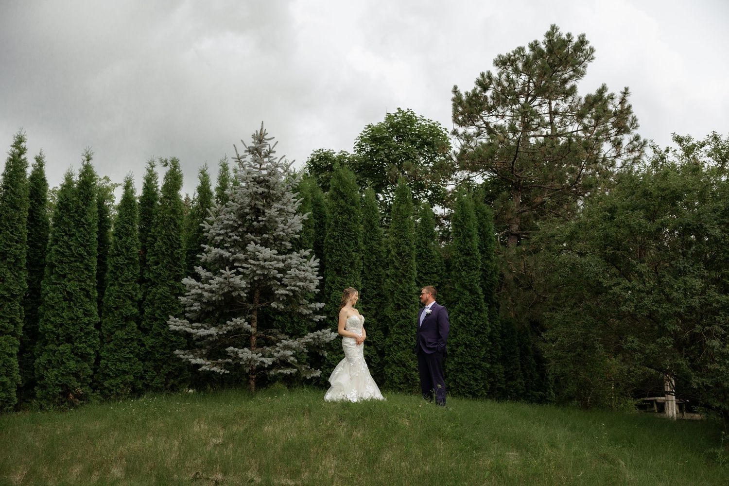 Bride and groom stand apart on lush green lawn surrounded by tall evergreen trees under cloudy sky.