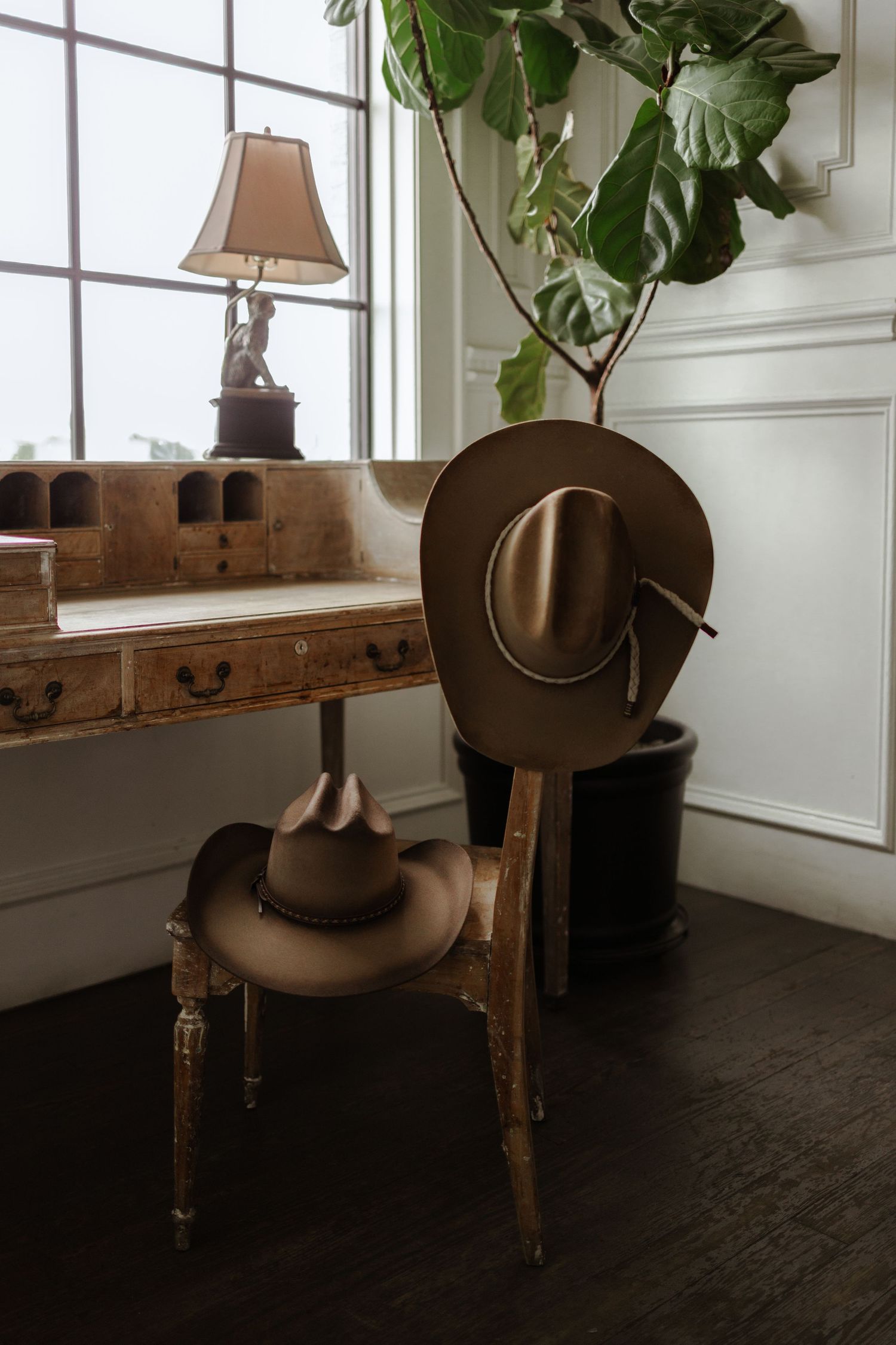 Two cowboy hats rest on a wooden chair beside an antique desk with a lamp and fiddle-leaf fig plant.