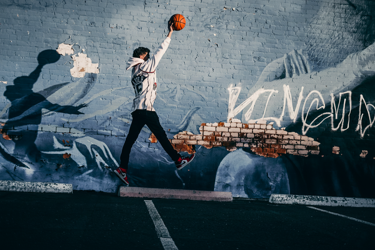 Person jumping with basketball raised near graffiti wall with urban street art backdrop.