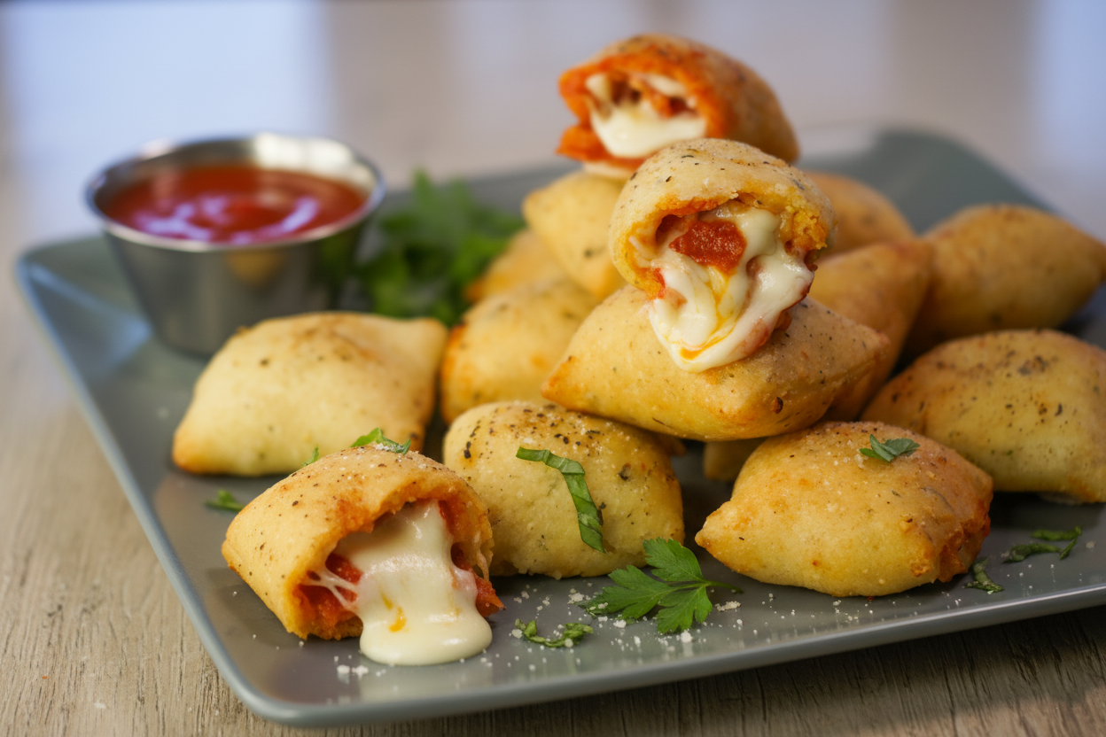 Golden fried pizza rolls filled with cheese and pepperoni, served with marinara dipping sauce.