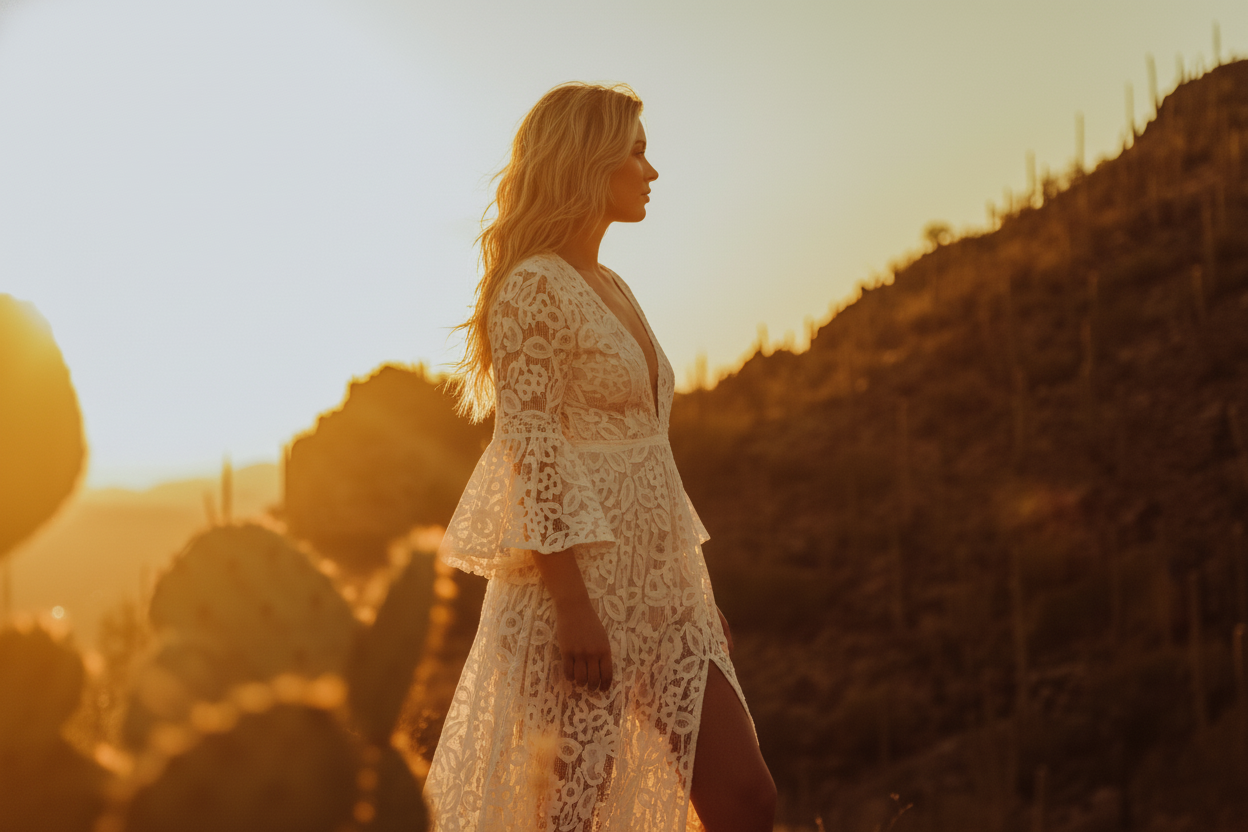 Woman in white lace dress standing on a desert hillside at golden sunset with cacti in background.