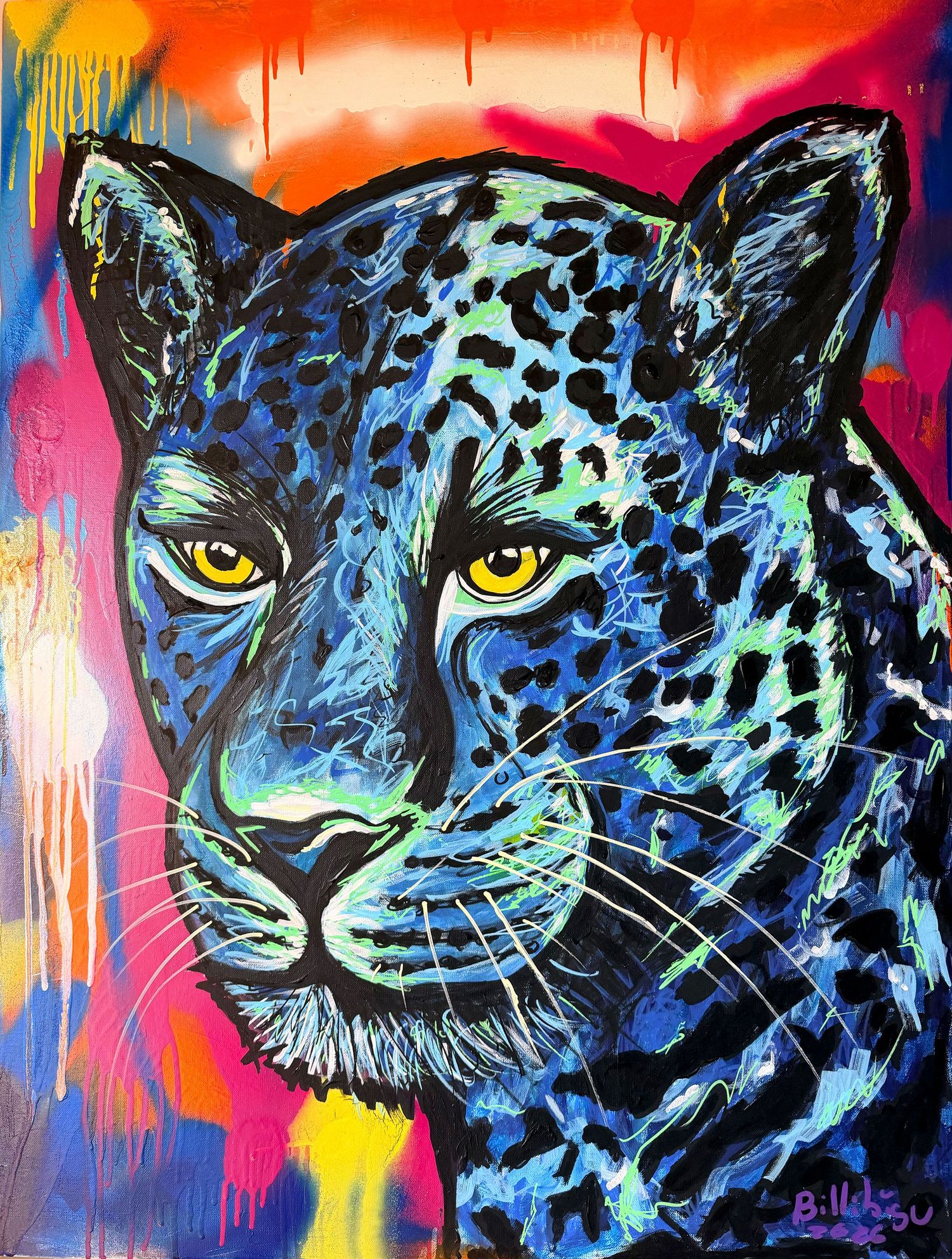 Vibrant pop art painting of a blue leopard with yellow eyes on a colorful graffiti-style background.