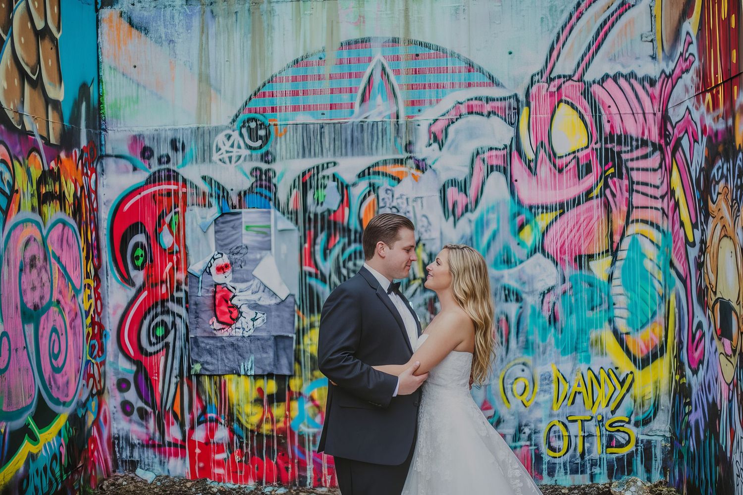 Bride and groom share a romantic moment in front of a vibrant colorful graffiti wall at their wedding.