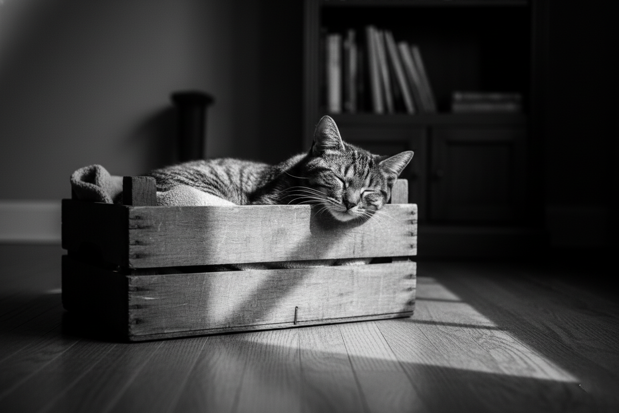 A tabby cat resting inside a rustic wooden crate on a hardwood floor in a black and white photo.