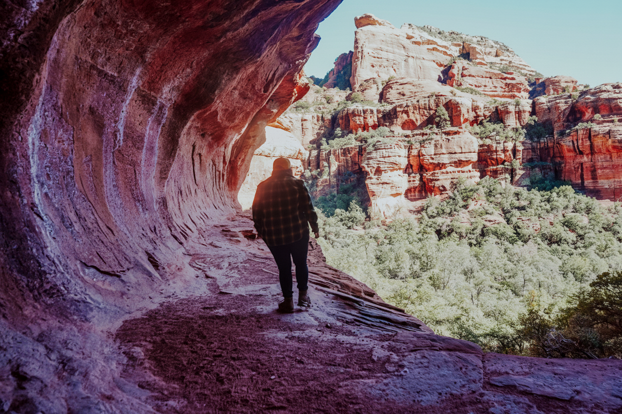 Hiker silhouetted in a red rock cave opening overlooking Sedona Arizona canyon landscape.