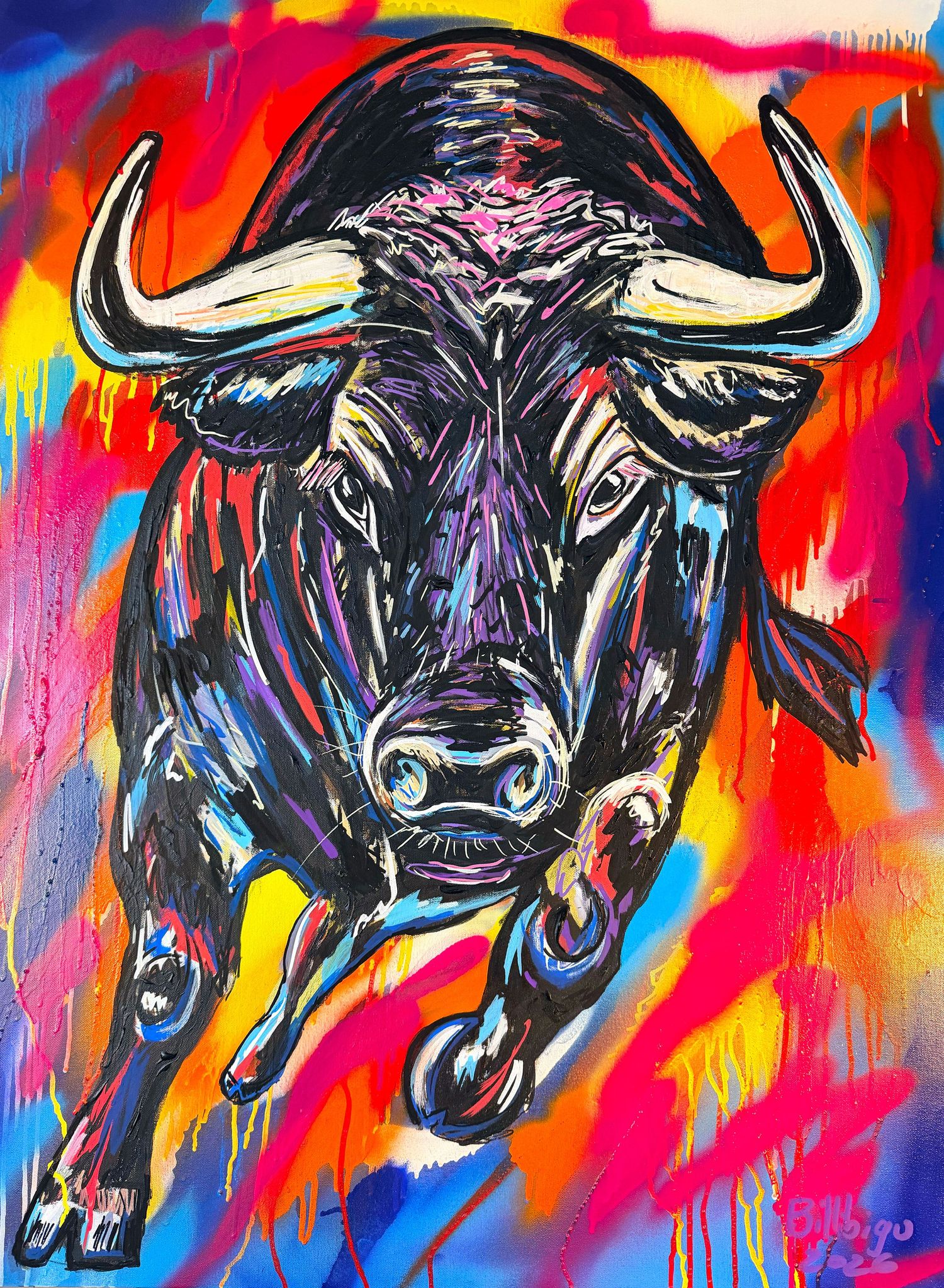 Vibrant pop art painting of a charging bull with colorful brushstrokes in red, blue, and pink on canvas.