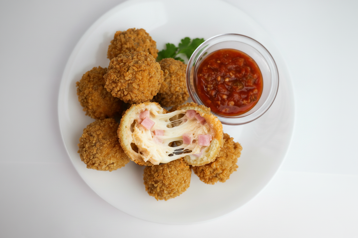 Golden fried arancini rice balls with melted cheese and ham filling, served with marinara dipping sauce on white plate.