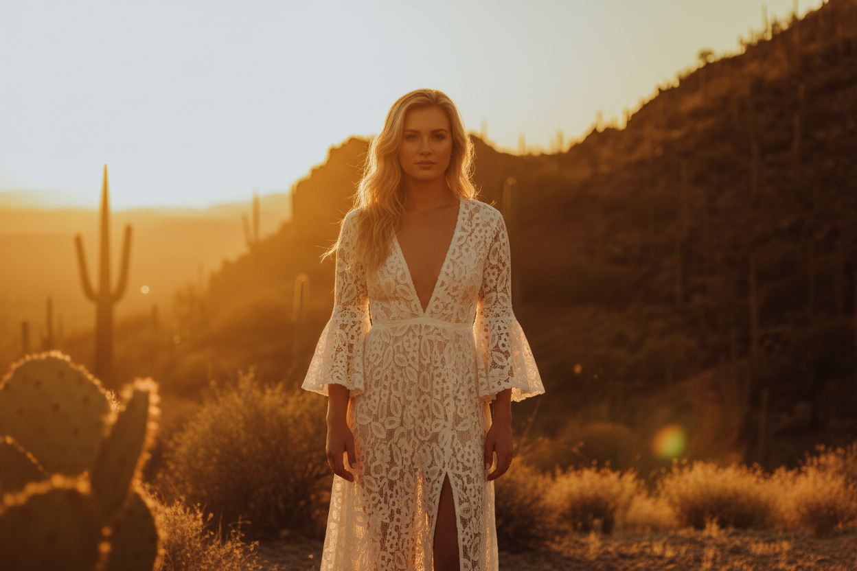Woman in white lace boho dress standing in desert at golden sunset with cacti and mountains.
