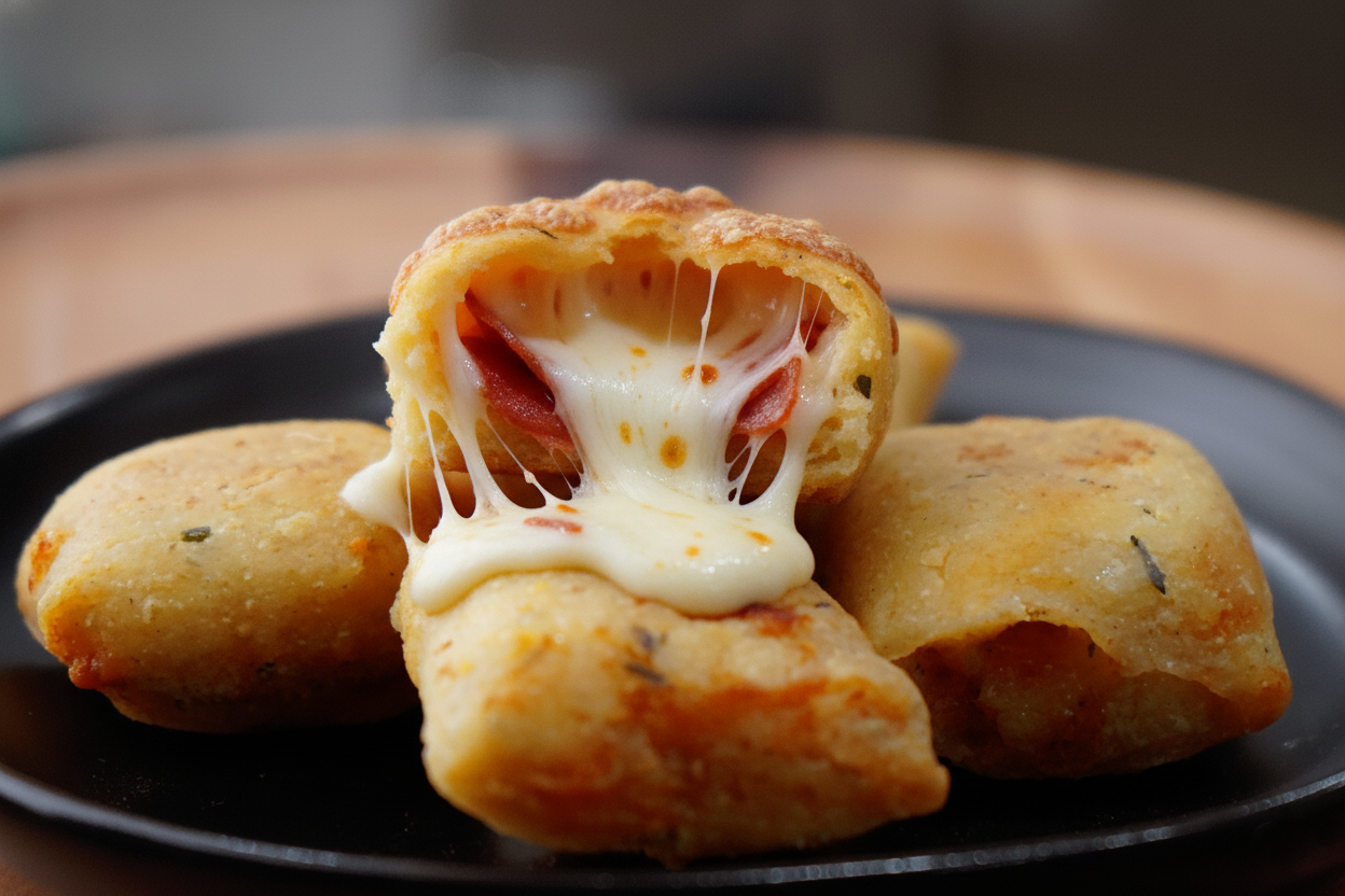 Golden fried pizza rolls with melted mozzarella cheese and tomato sauce oozing out, served on a dark plate.
