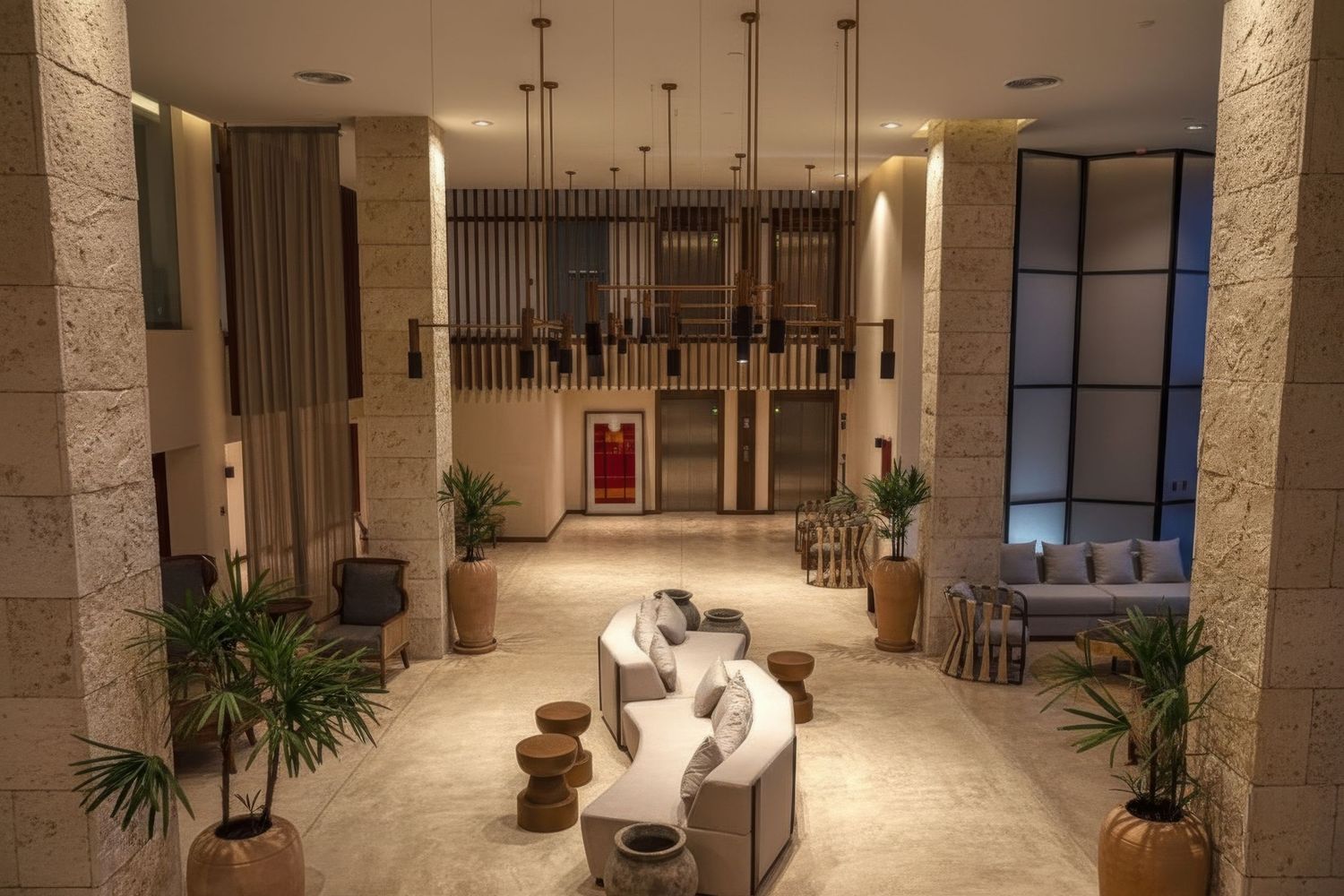Elegant hotel lobby with high ceilings, stone walls, tropical plants, and contemporary white lounge seating in warm ambient lighting.