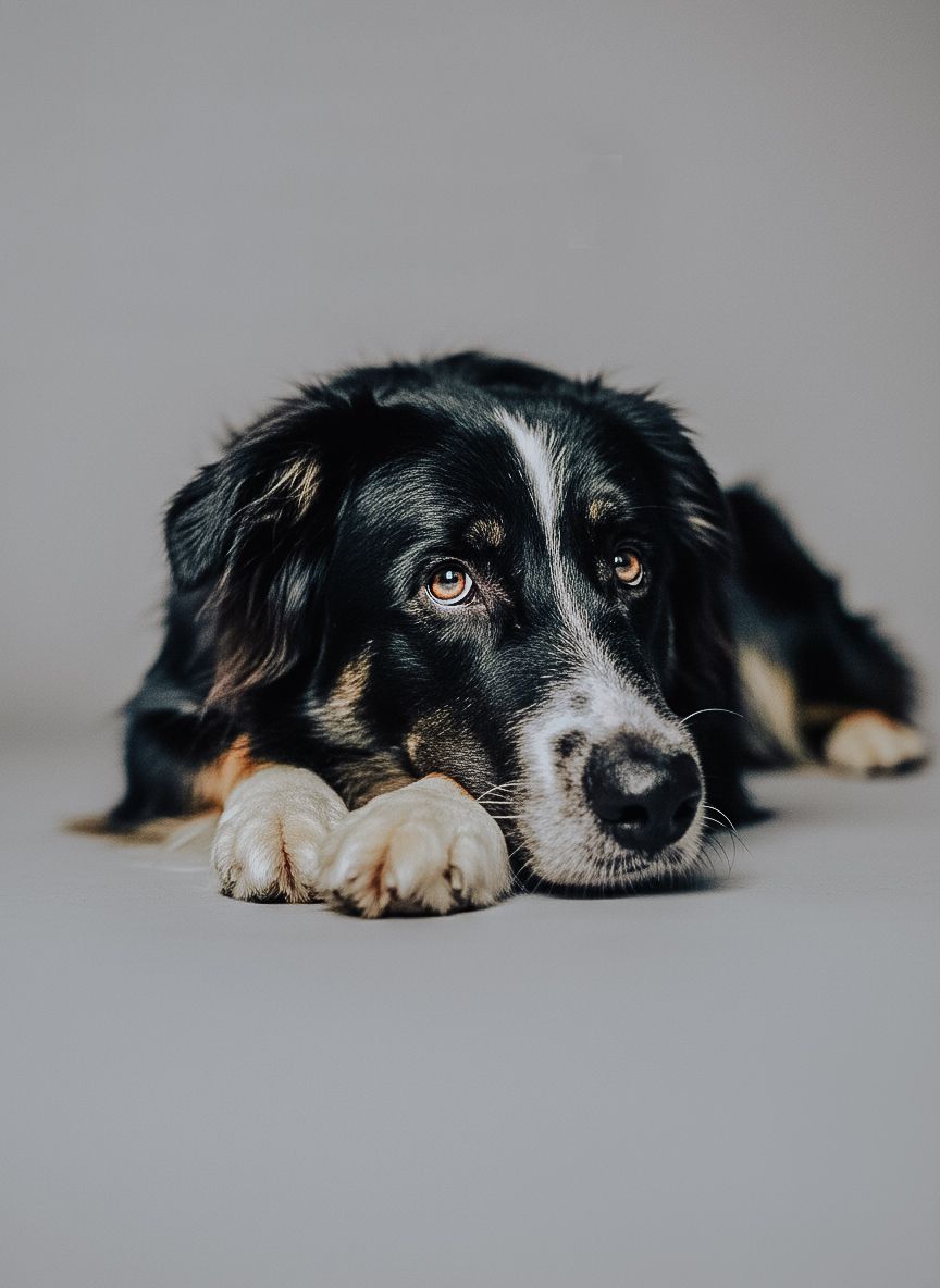 A black and tan Border Collie lies on a gray studio floor, gazing soulfully at the camera with expressive brown eyes.