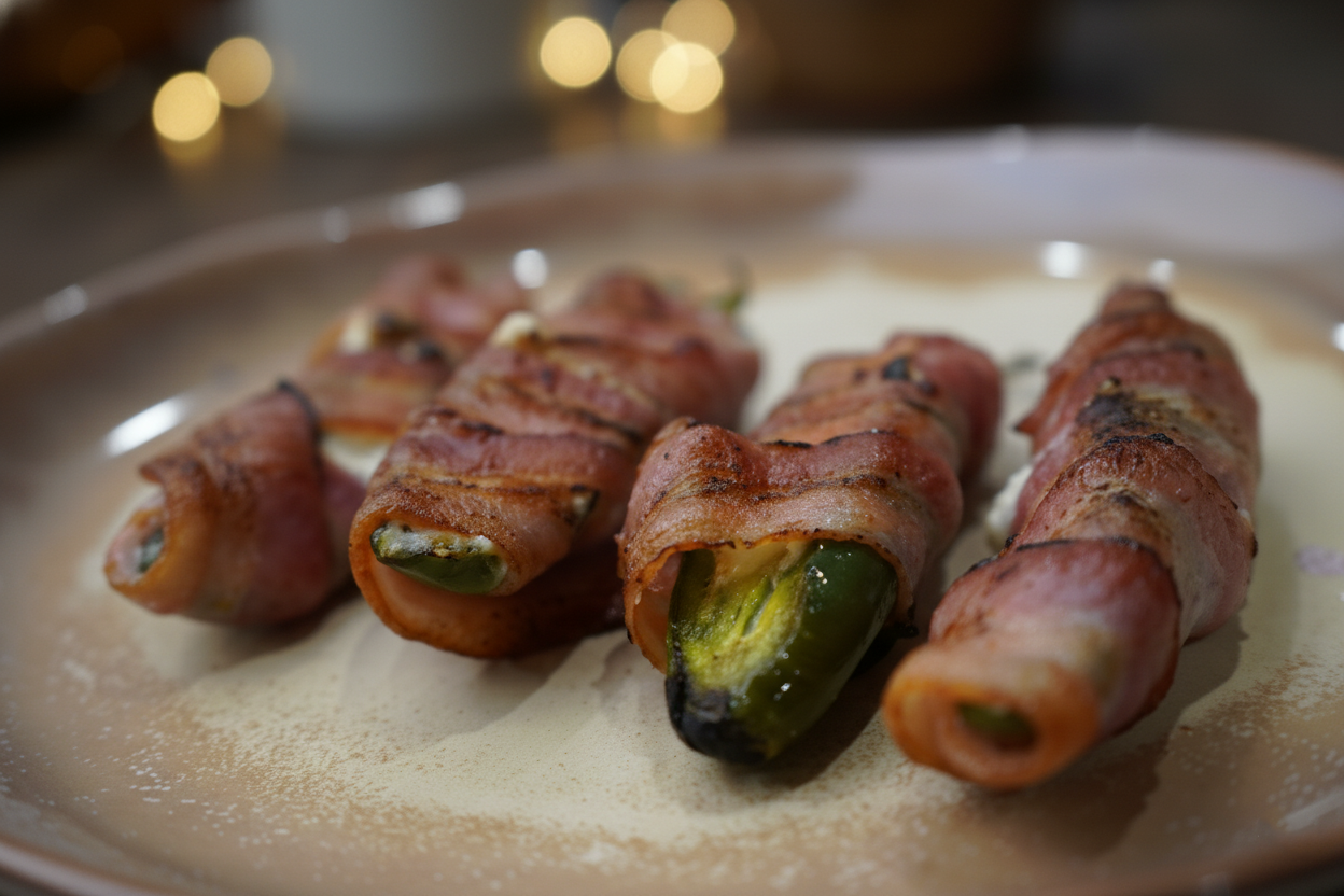 Bacon-wrapped jalapeno poppers served on a plate, a savory appetizer perfect for parties.