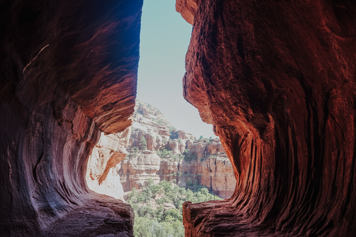View from inside a red rock cave opening in Sedona, Arizona, framing lush green trees and sandstone cliffs.