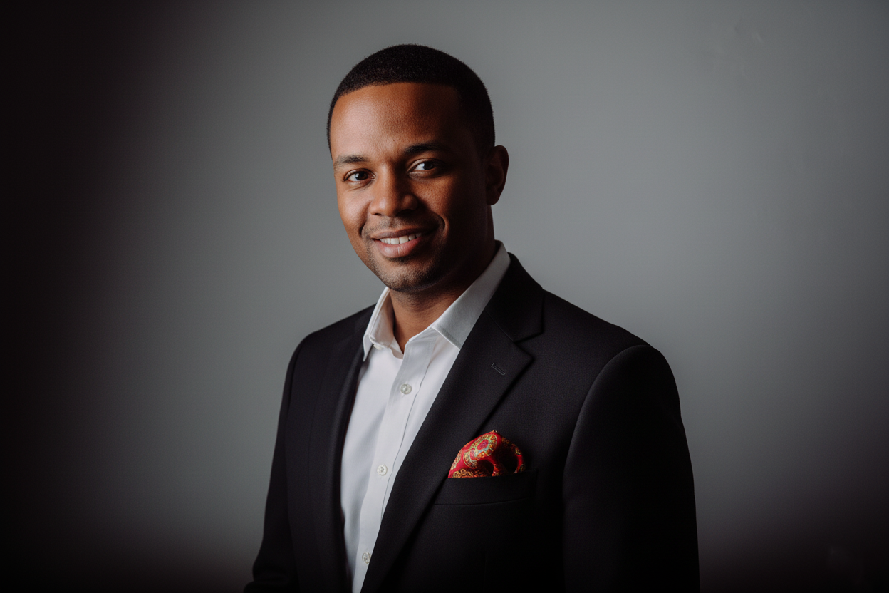 Professional man in black suit with red pocket square smiling against gray background.