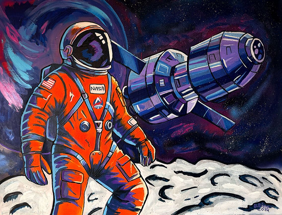 Vibrant pop art painting of NASA astronaut in orange spacesuit on lunar surface with spacecraft and colorful nebula.