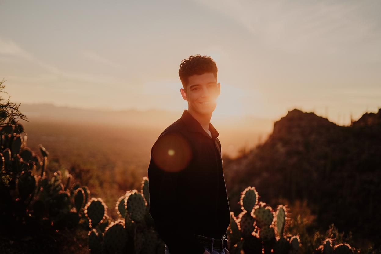 Young man in black jacket standing among cacti during golden sunset in desert landscape with mountains in background.