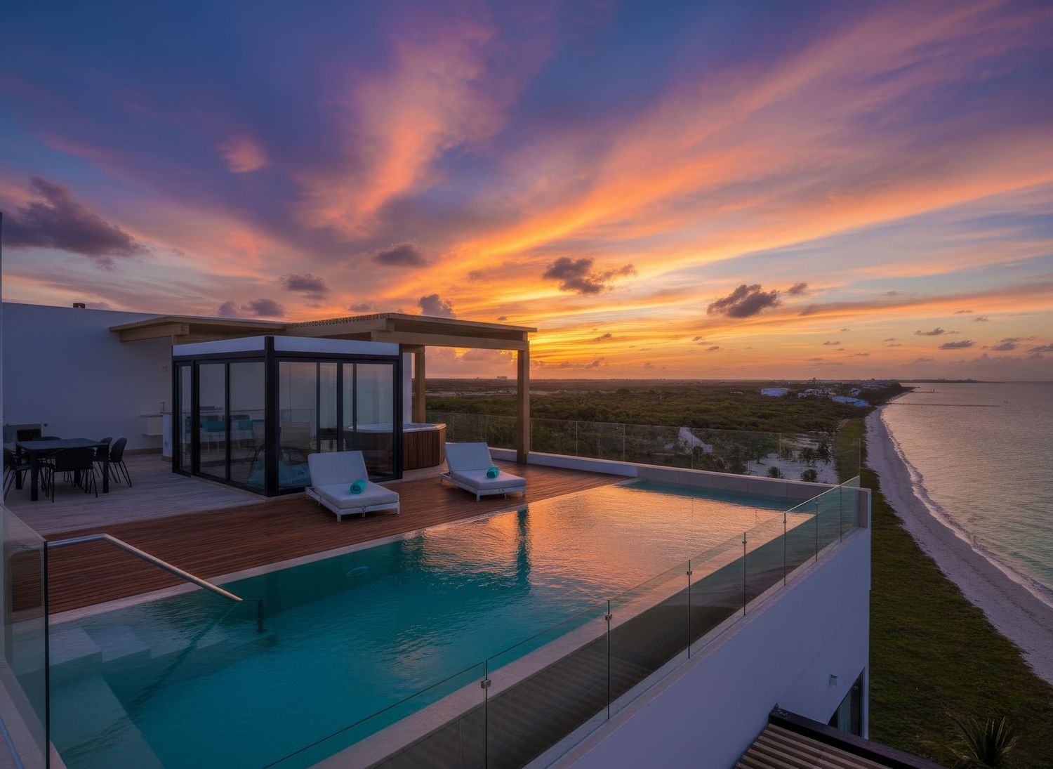 Luxury infinity pool with glass railings overlooking the ocean at a stunning sunset with vibrant orange and purple skies.