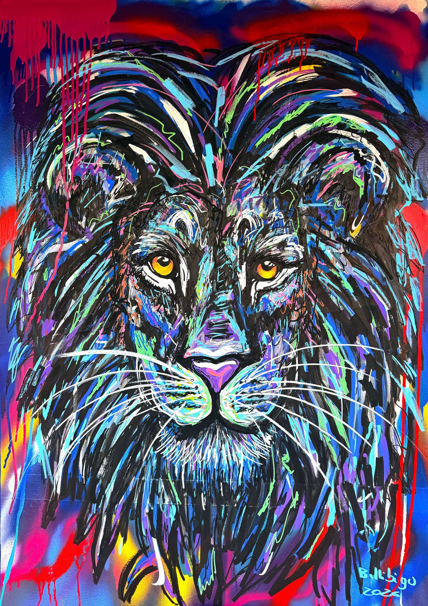 Vibrant pop art painting of a lion with colorful neon brushstrokes in blue, red, and green, with piercing yellow eyes.