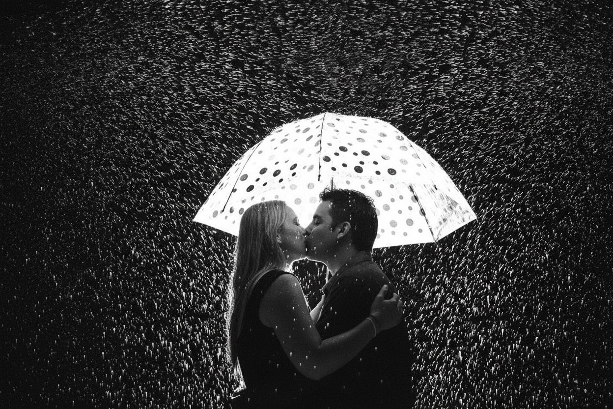 Couple kissing under a glowing umbrella in the rain, captured in a romantic black and white photo.