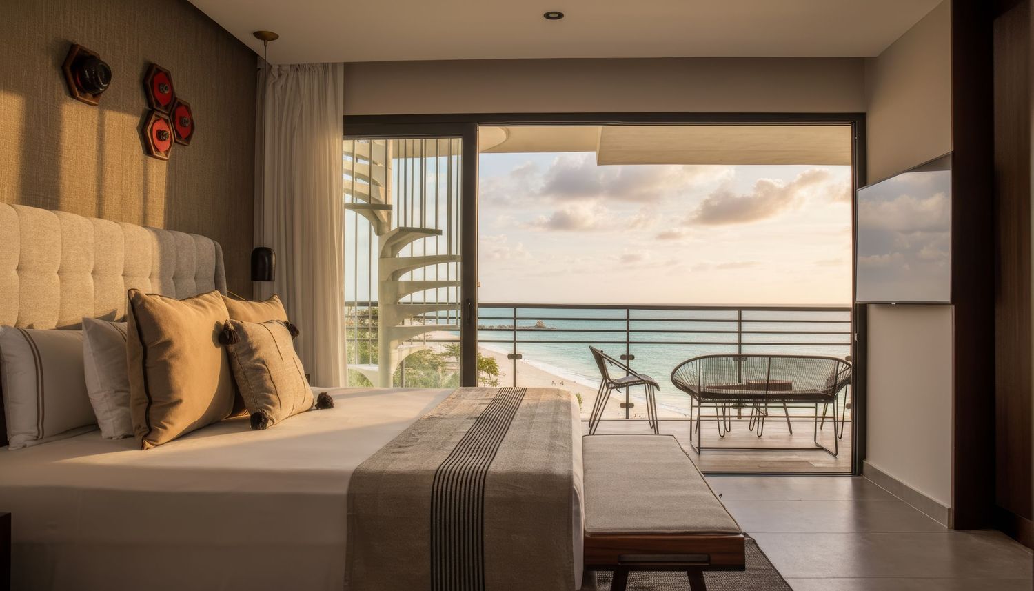 Luxury hotel bedroom with king bed and floor-to-ceiling glass doors opening to a balcony with stunning ocean sunset views.
