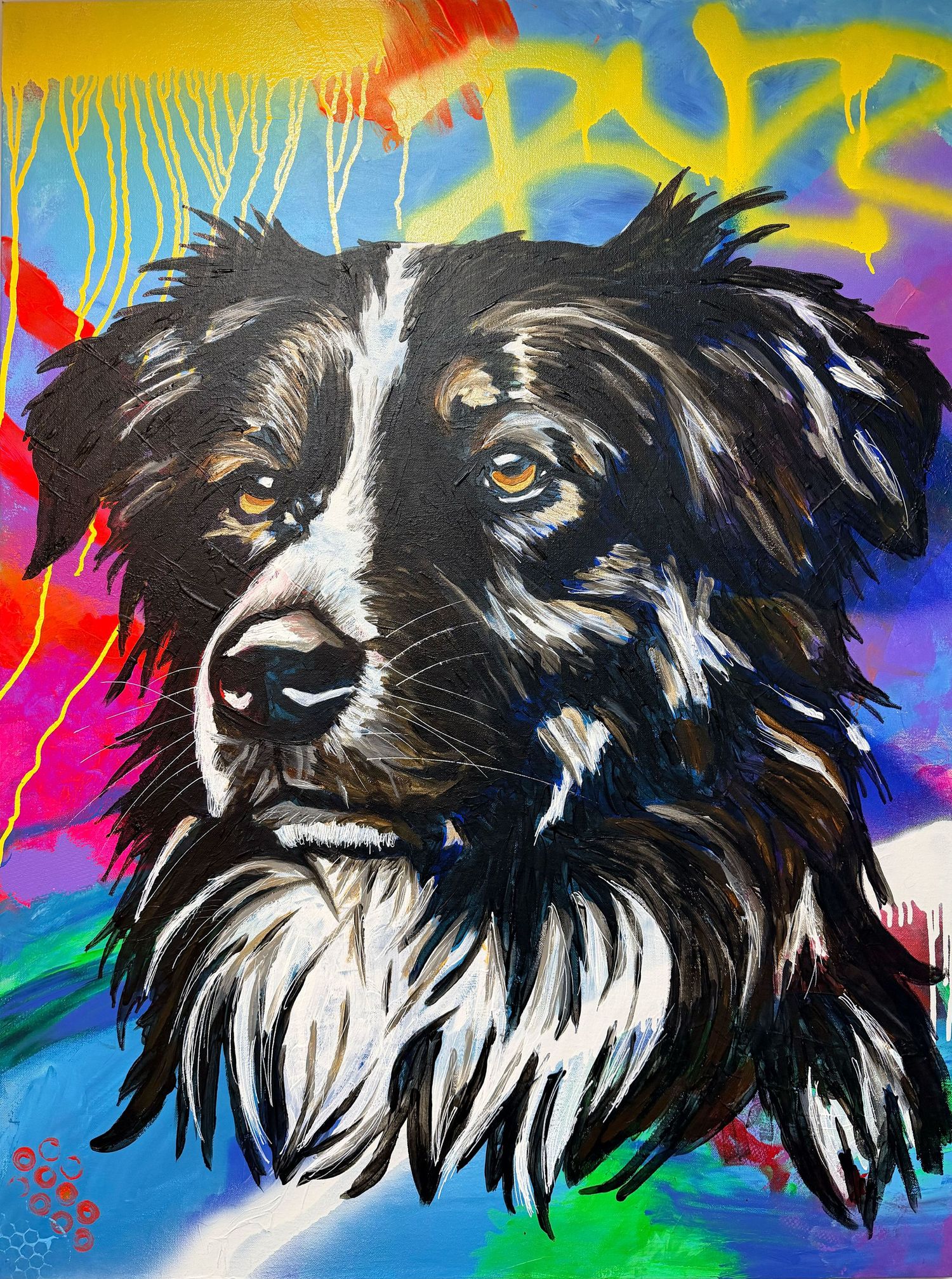 Vibrant pop art painting of a Border Collie dog portrait with colorful graffiti background in bold neon colors.