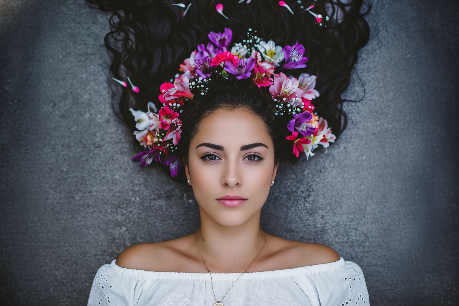 Young woman with dark hair lying down, wearing a colorful floral crown and white off-shoulder top.