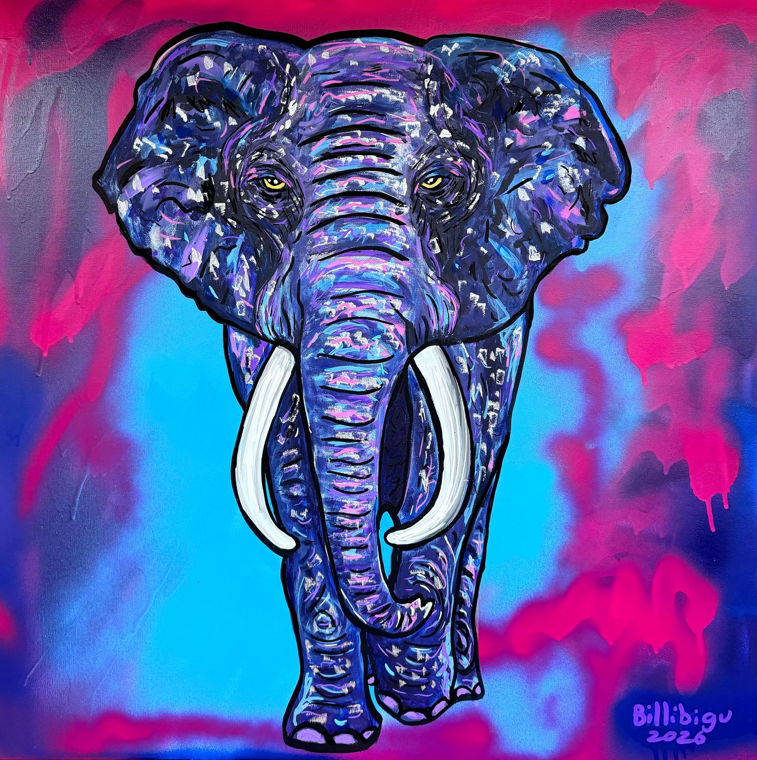 Vibrant pop art painting of a purple and blue elephant with white tusks on a bright pink and blue background, signed Billibigu 2023.