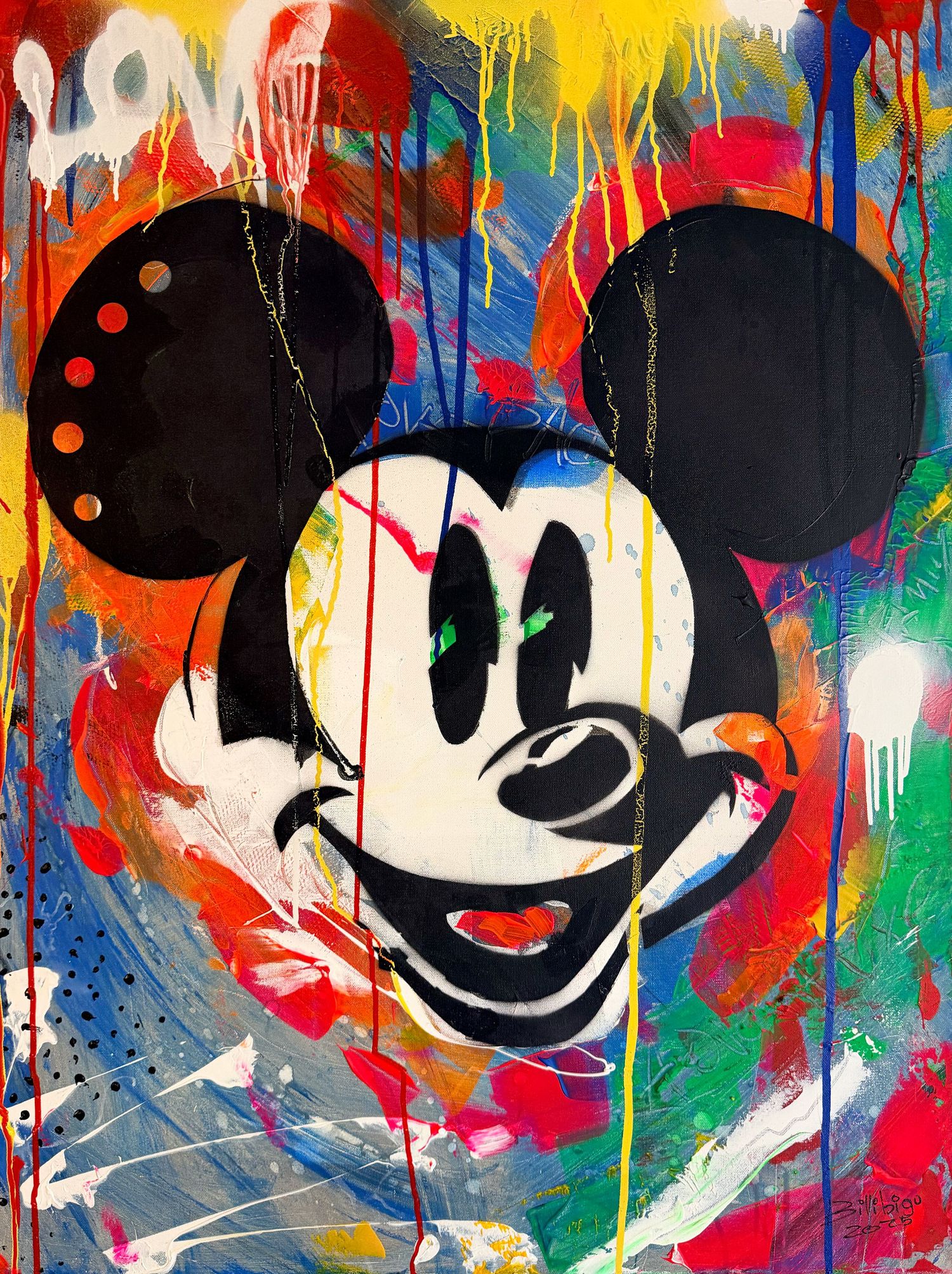 Colorful pop art painting of Mickey Mouse with dripping paint, graffiti-style background featuring bold reds, blues, and yellows.
