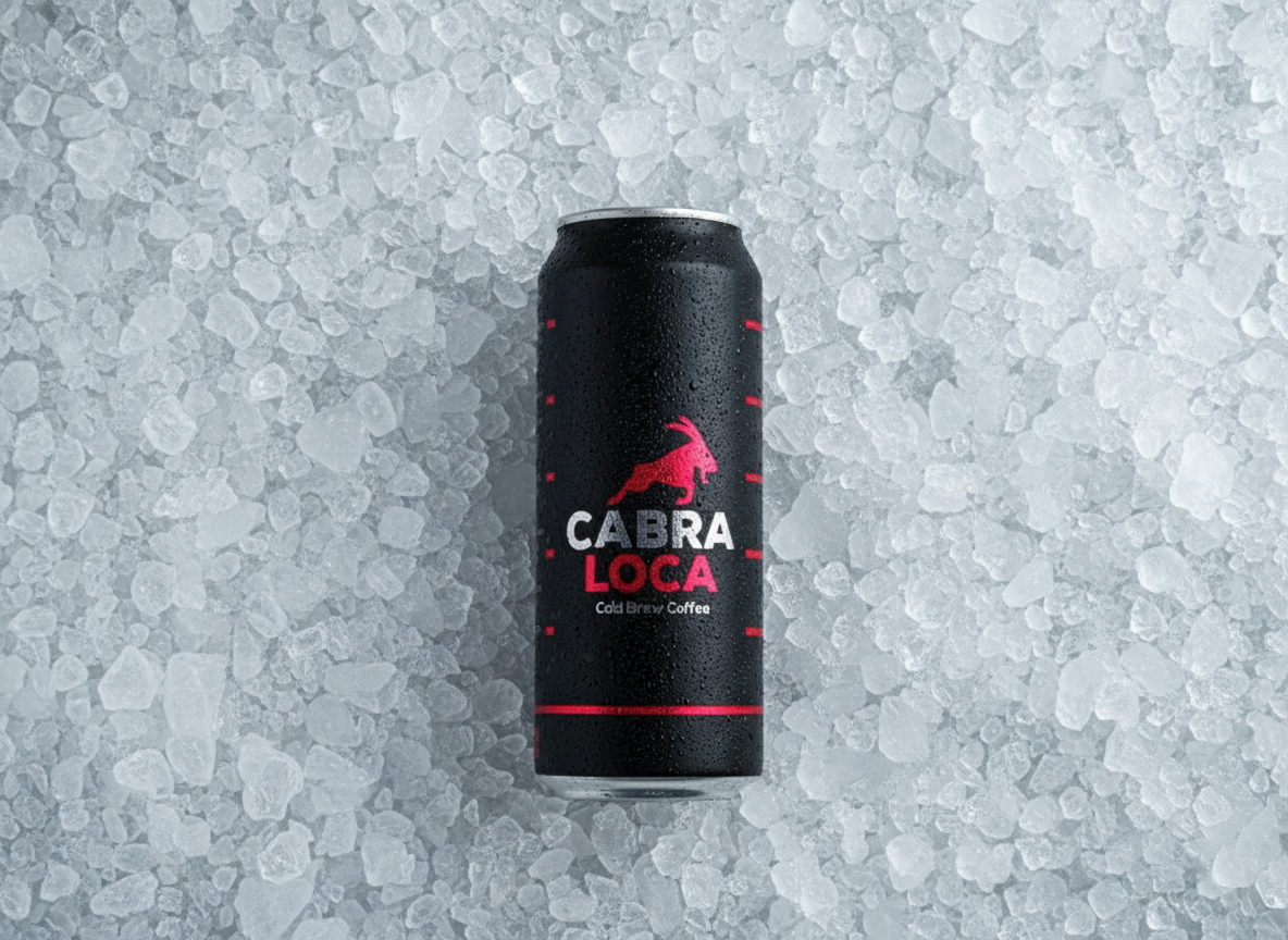 Cabra Loca energy coffee black can on crushed ice, bold red and white branding, sleek modern design.