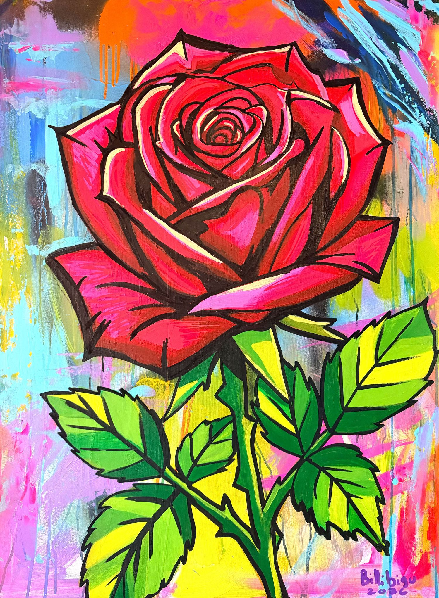 Vibrant pop art painting of a red rose with bold outlines on a colorful abstract background.