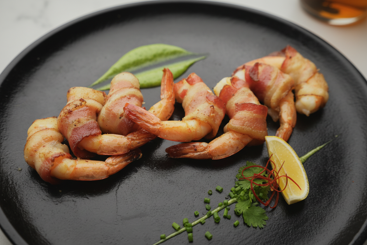 Bacon-wrapped shrimp served on a black plate with lime wedge and fresh herbs.