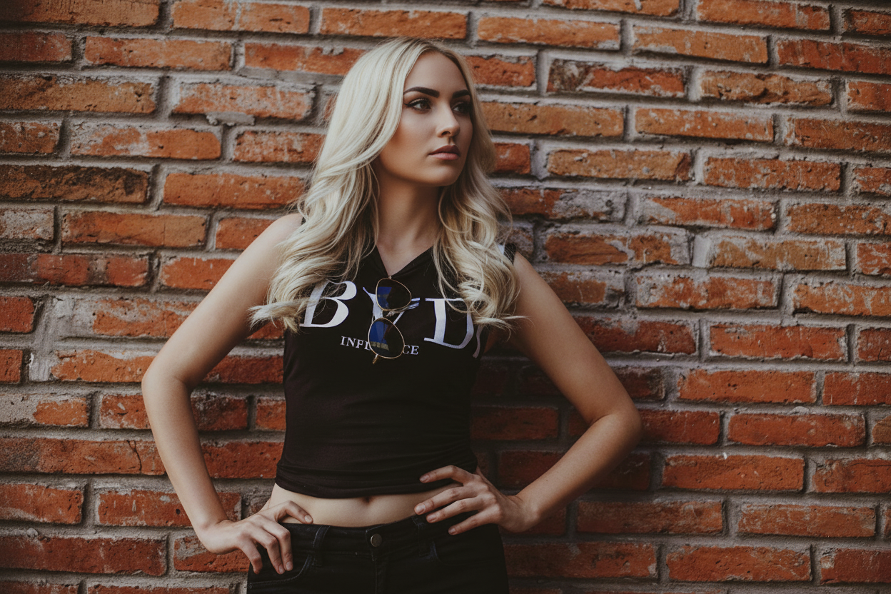Blonde woman in black BYU crop top posing confidently against rustic brick wall.