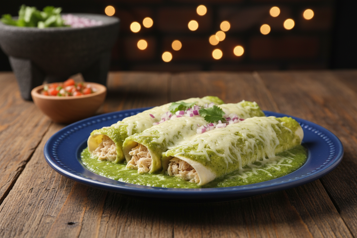Green enchiladas topped with salsa verde and cheese on a blue plate, served with fresh pico de gallo on a rustic wood table.