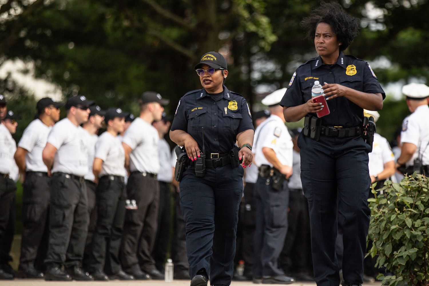 July 1, 2022 --Columbus Division of Police Chief Elaine Bryant, right front, and Assistant Assistant Chief LaShanna Pott, left, walk toward