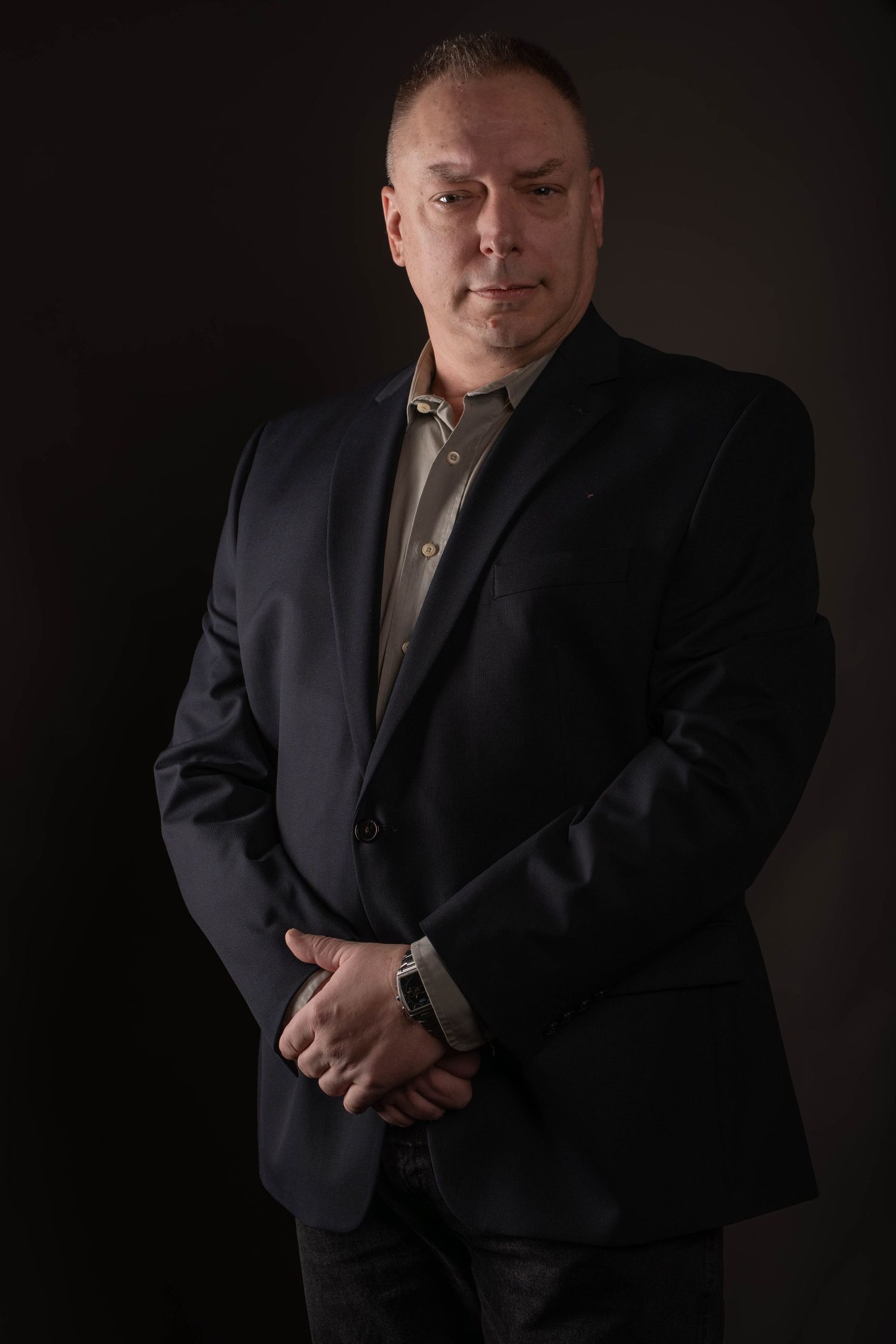 Modern studio portrait on storm gray backdrop in York County PA