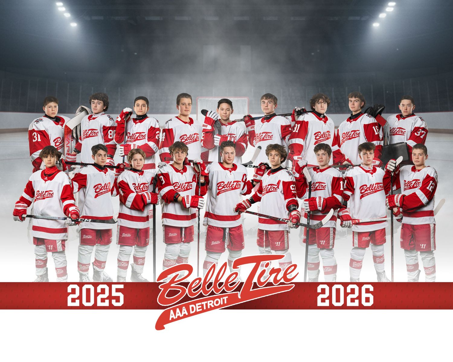 Belle Tire AAA Detroit youth hockey team photo for 2025-2026 season, players in red and white uniforms on ice rink.