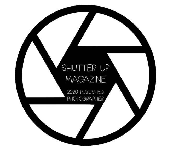 Circular black logo design for Shutter Up Magazine with stylized camera aperture elements.