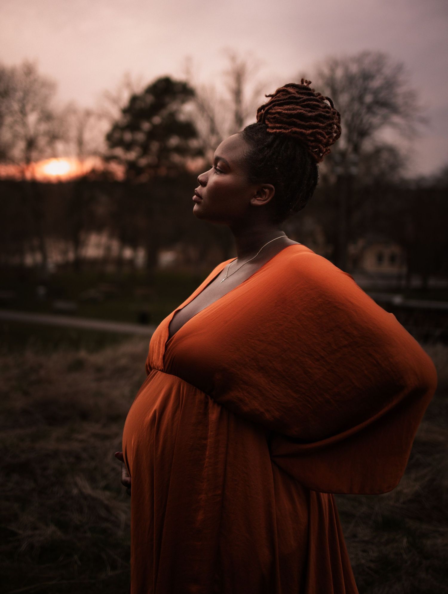 Silhouette of a person in an orange dress stands against a dusky sunset backdrop in a natural outdoor setting.