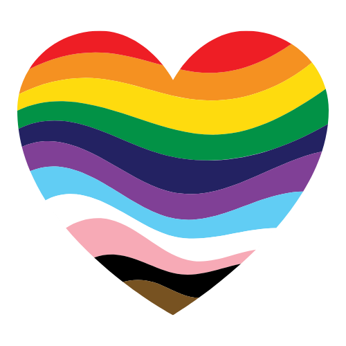 A heart shape filled with pride flag colors including rainbow stripes plus brown, black, pink, and light blue bands.