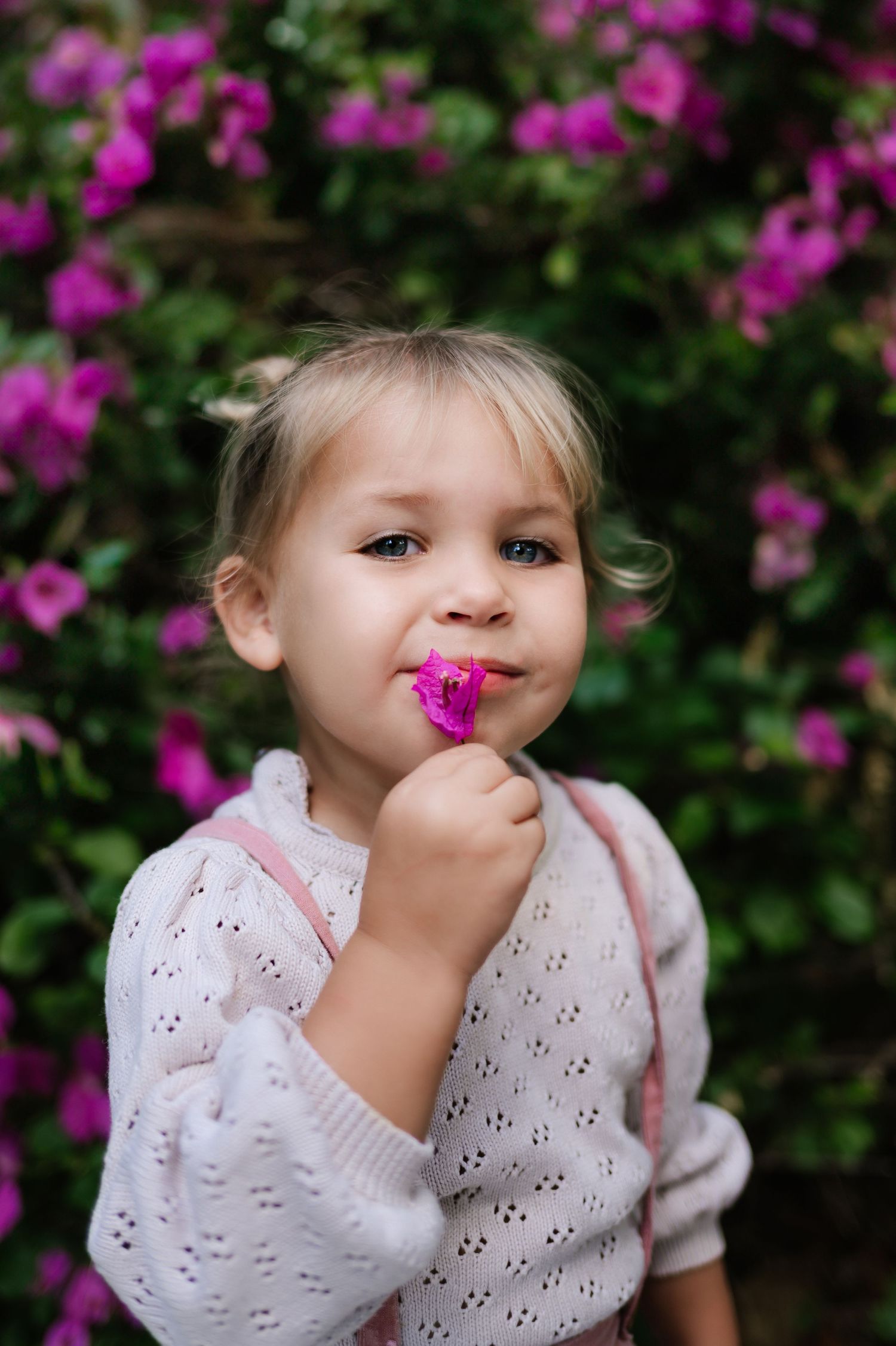 Sweet young child in white eyelet dress holds purple flower against vibrant floral garden background.