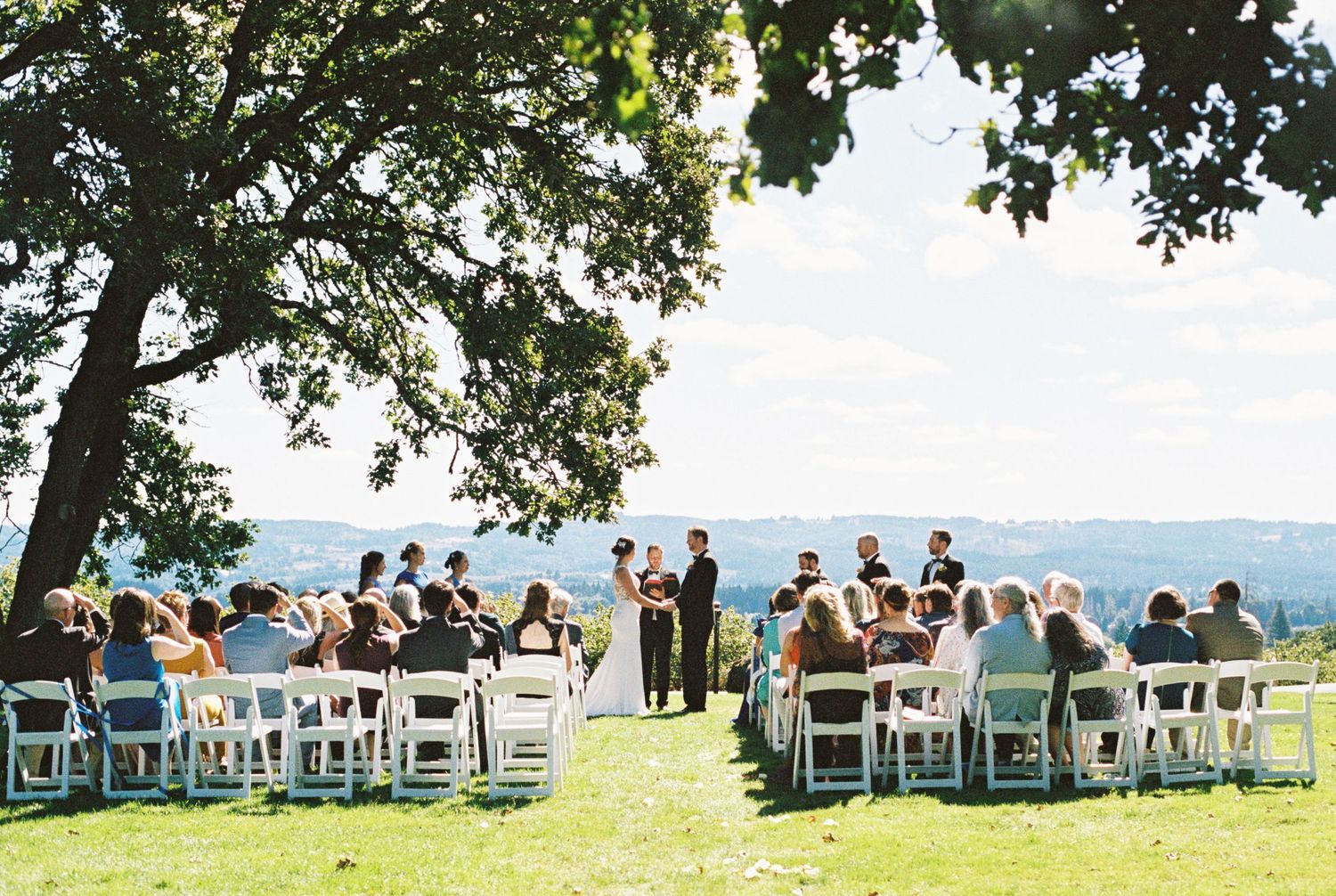 Wedding ceremony under oak trees with rolling hills in the background